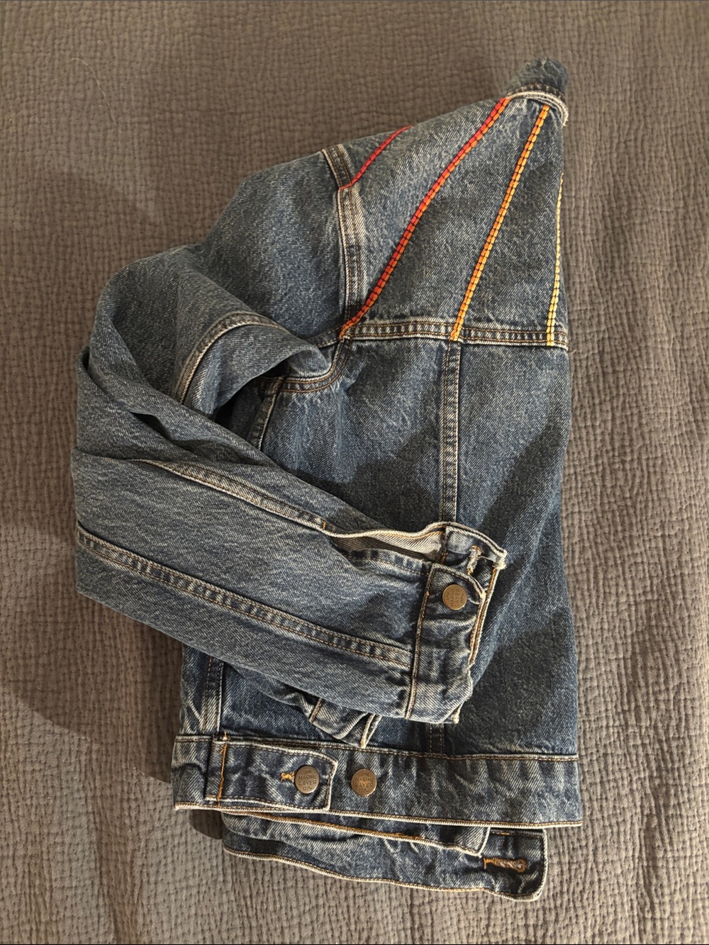 Marine Layer sunburst rainbow embroidered jean jacket